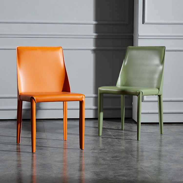 Solid Back Armless Dining Chairs Indoor Leather Side Chairs with Metal Legs