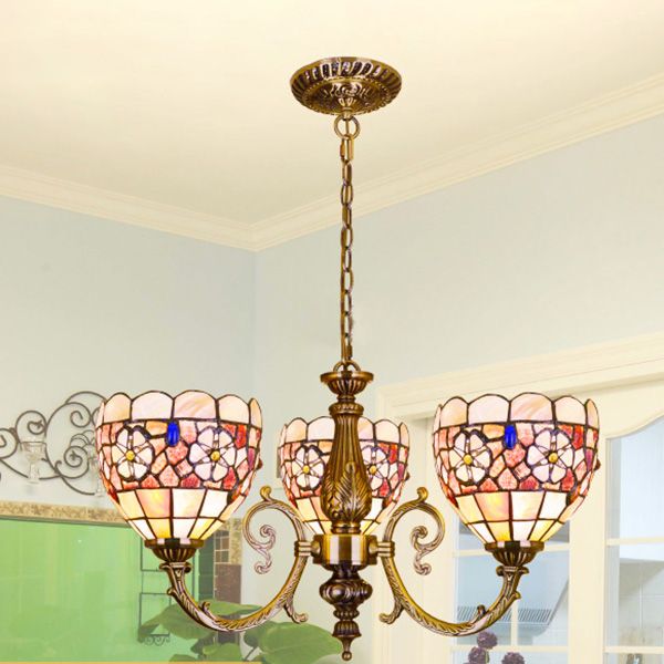 Bowl Chandelier Retro Style Stained Glass 3 Heads Flower Chandelier Light with Chain for Bedroom Lighting