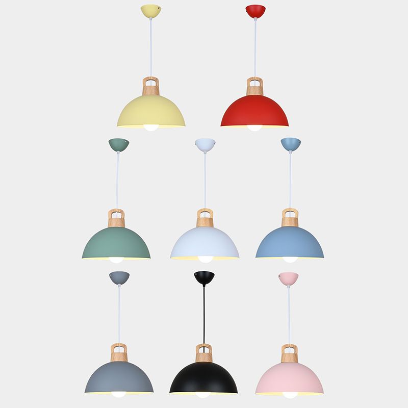Macaron Style Domed Suspension Lamp Aluminum 1 Head Diner Pendant Light with Wooden Decor