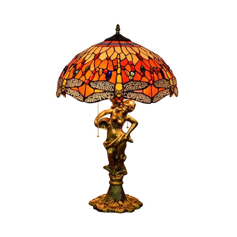 Dragonfly Cabochons Embedded Table Light 3-Light Yellow/Orange/Blue Glass Tiffany Nightstand Lamp with Pull Chain