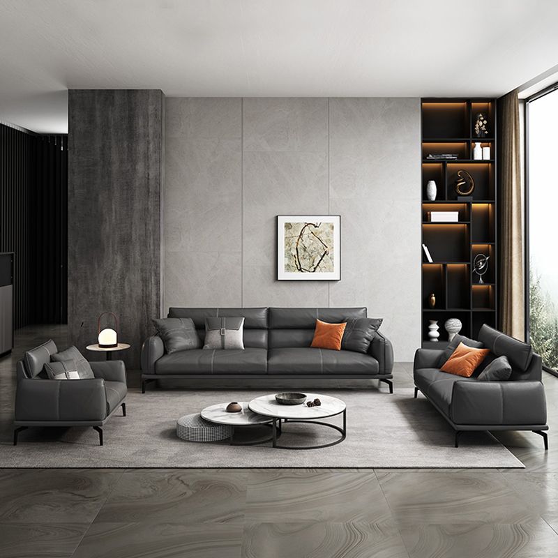 Upscale Grey Sofa with Four Legs Leather Sofa Living Room Seating
