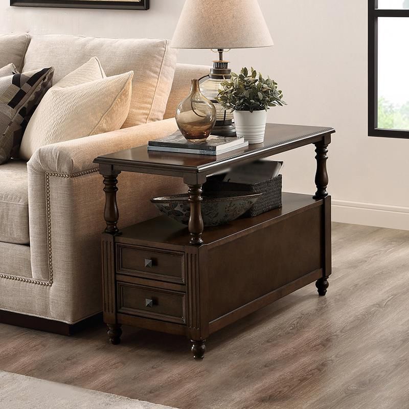 23.6"Tall Rustic Solid Oak Drawer End Table 4 Legs Rectangular Side Table