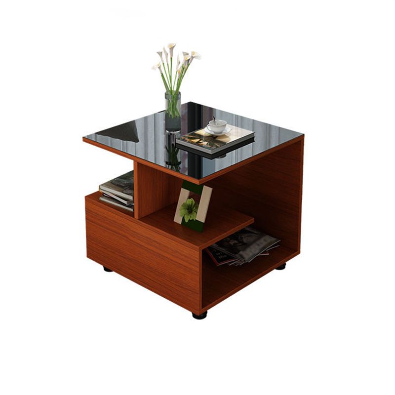 Transitional Square Glass Top End Table Portable Sofa Side Table with Shelves