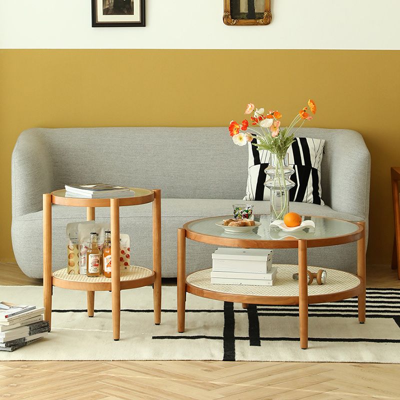 Tropical Round Cocktail Table Storage Solid Wood Coffee Cocktail Table