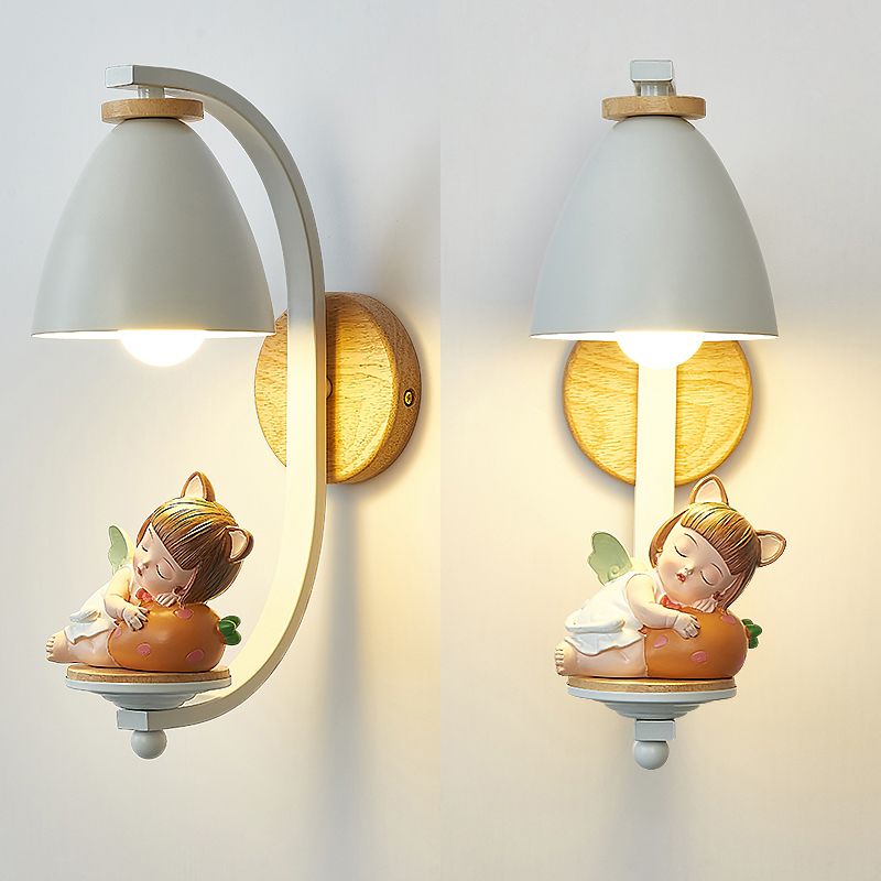 Metallic Cone Wall Lamp Nordic Style 1 Bulb White Wall Light Fixture with Figurine Decor for Kids Bedroom