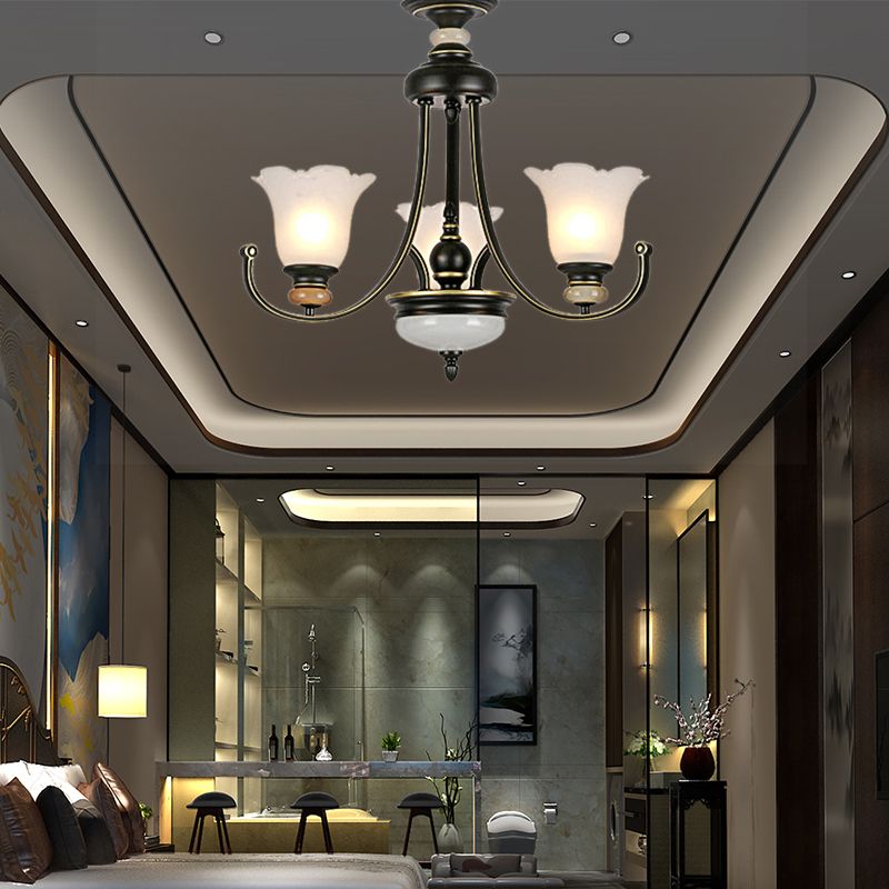 Flower White Glass Ceiling Light Vintage 3/6/8 Lights Bedroom Chandelier Light Fixture in Black