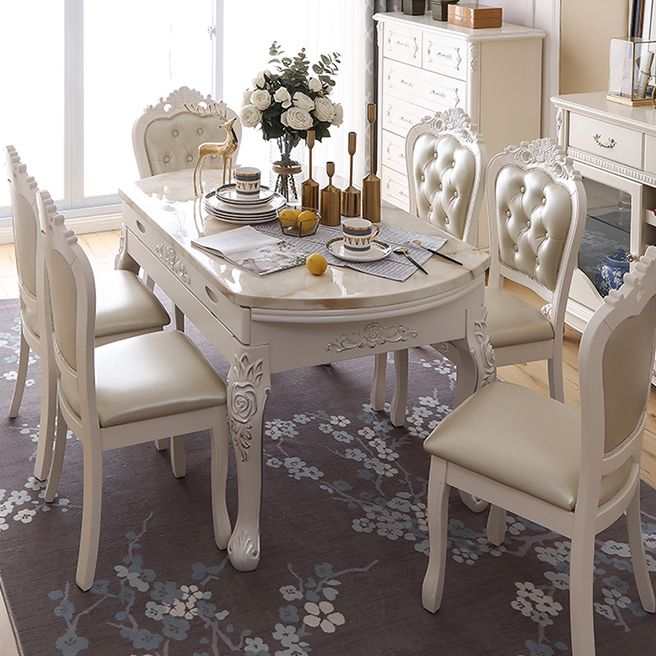 Round Faux Marble 4 Legs Dining Site Table in White with Drop-Leaf