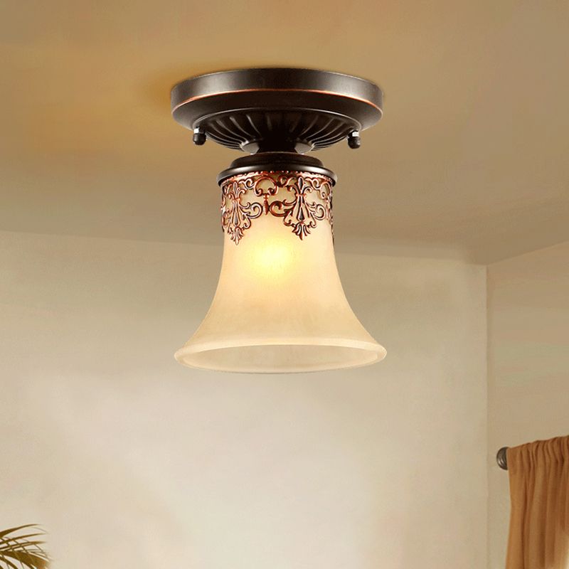 Flared Shaped Frost Beige Glass Flush Mount Light Retro 1-Light Entryway Semi Flush Ceiling Light with Filigree