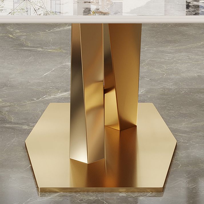 Mesa de comedor de piedra sinterizada de lujo Mesa blanca rectangular con pedestal de metal
