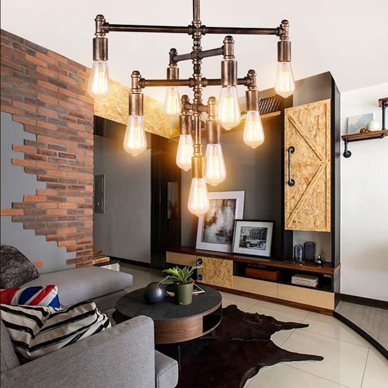 Metal Tubes Chandelier Pendant Light Industrial Style Restaurant Ceiling Chandelier in Rust
