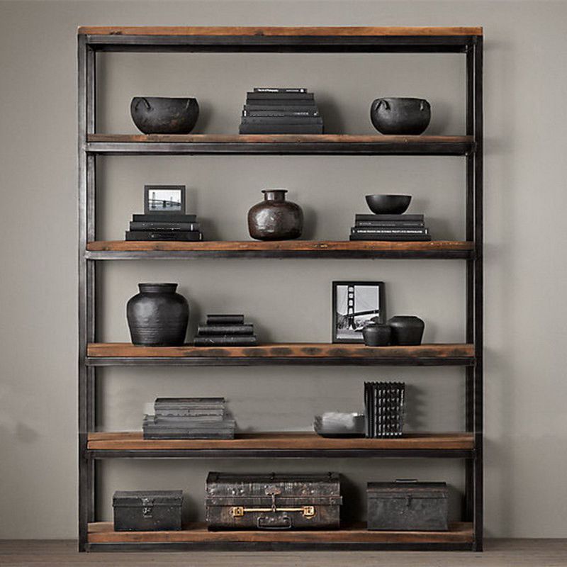 Contemporary Metal and Wood Book Shelf Open Home Shelf Bookcase with Shelves