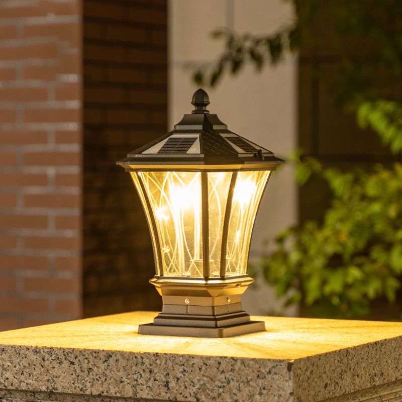 Metal Rectangular Shape Solar Pillar Lamp Modern 1-Light Outdoor Light in Black