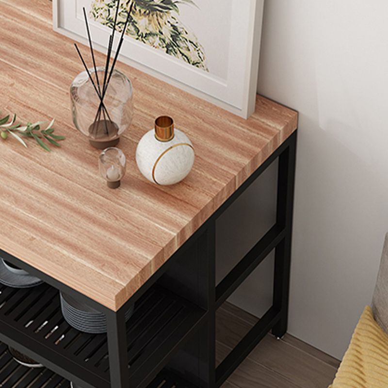 Light Wood Finish Kitchen Island Table with Metal Open Storage
