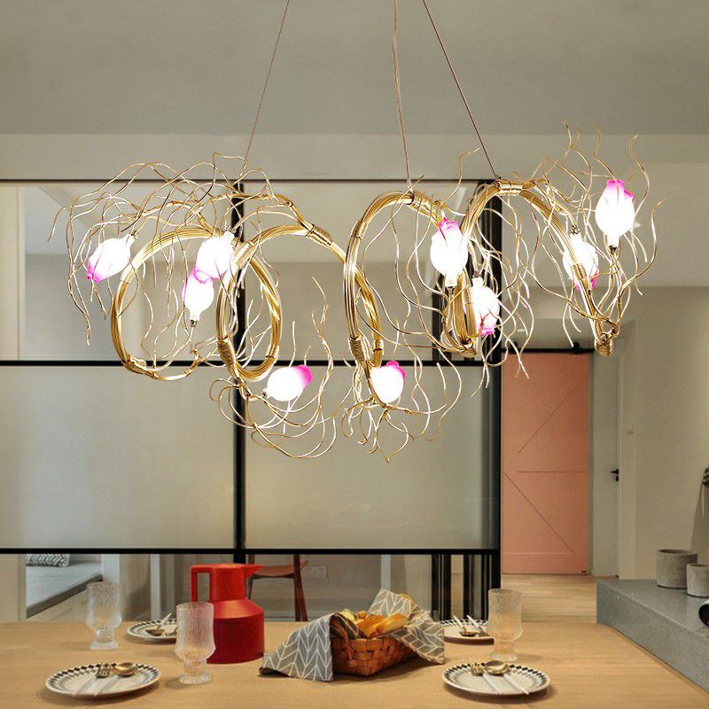 Glass Rose Pendant Lighting Nordic 8-Light Chandelier with Gold Branch for Dining Room