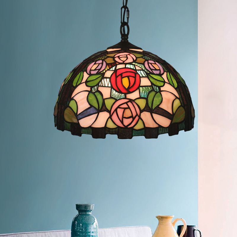 Green 1 Bulb Pendant Light Mediterranean Stained Glass Rose Patterned Ceiling Lamp with Dome Shade