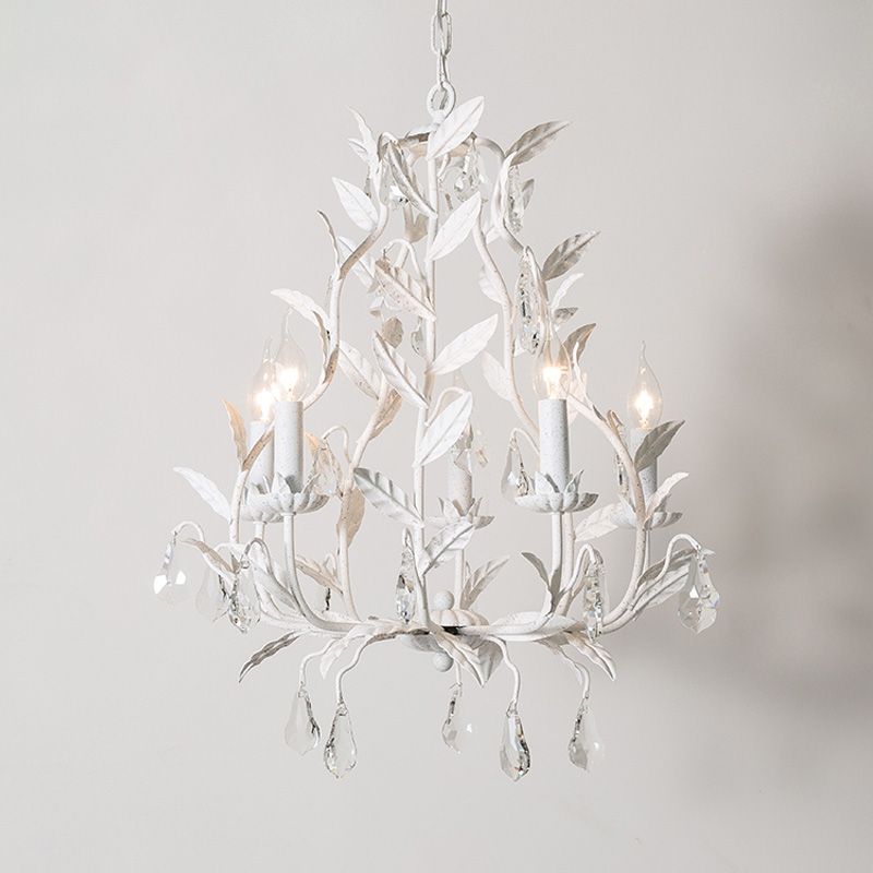 Leaf Hanging Chandelier Traditional 5-Bulb Dangling Crystal Bead Suspended Lighting Fixture in Grey/White