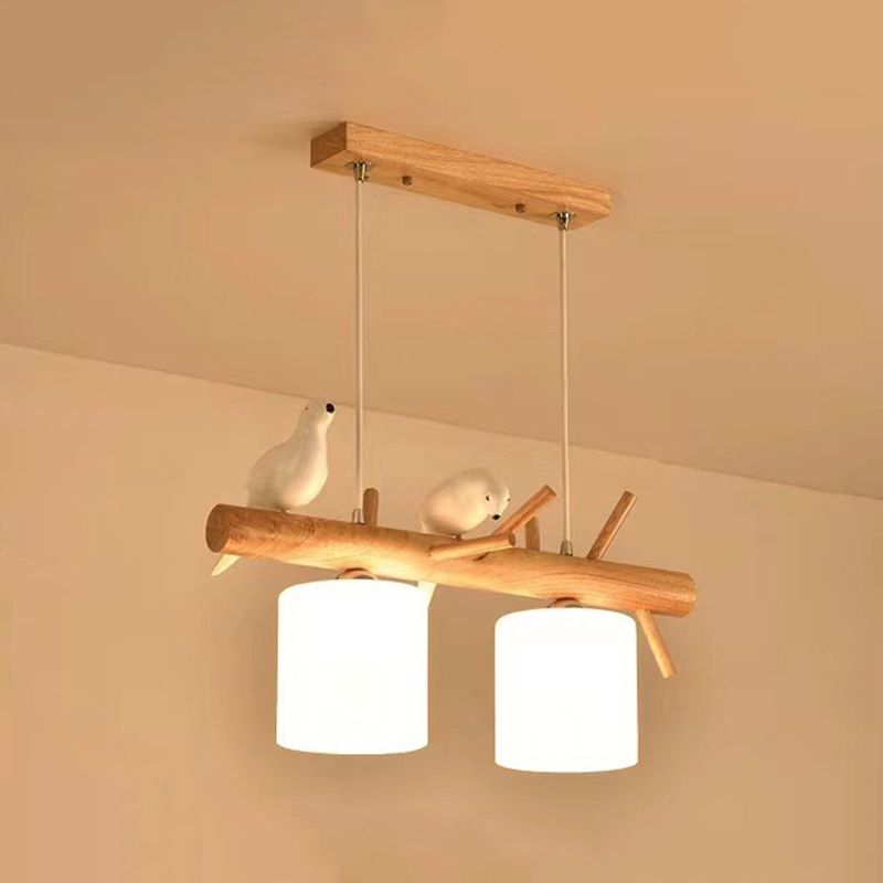 Modern Style Cylinder Shade Island Pendants 2-Lights Wood Pendant Lights for Dining Room