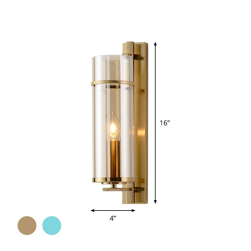 1 Glühbirnenschlafzimmer Leuchte Leuchte Moderne Messingwandlampe mit röhrenförmiger Cognac/Wasserblau -Glasschatten