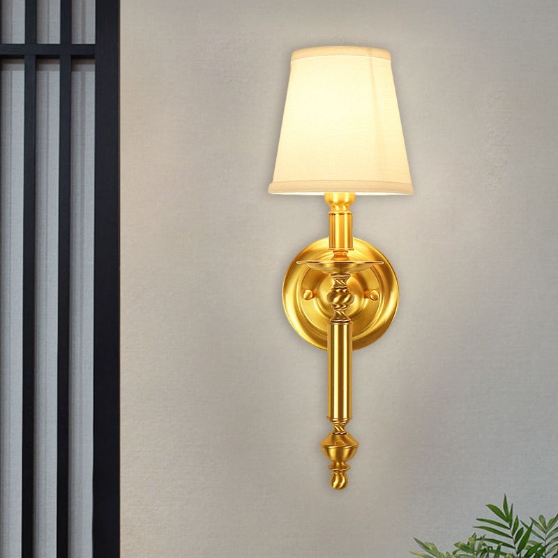Tapered Bedroom Wall Lighting Country Fabric Single Light Brass Wall Mounted Lamp with Metallic Straight Arm