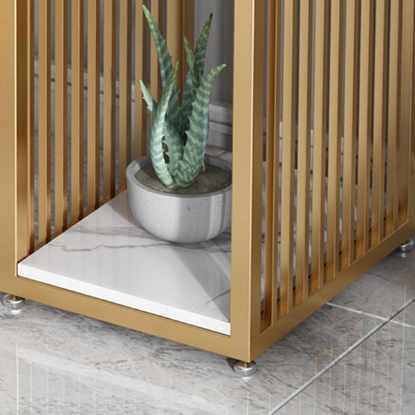 Glam Rectangle Faux Marble Bistro Table Iron Double Pedestal Bar Dining Table with 2-Shelf