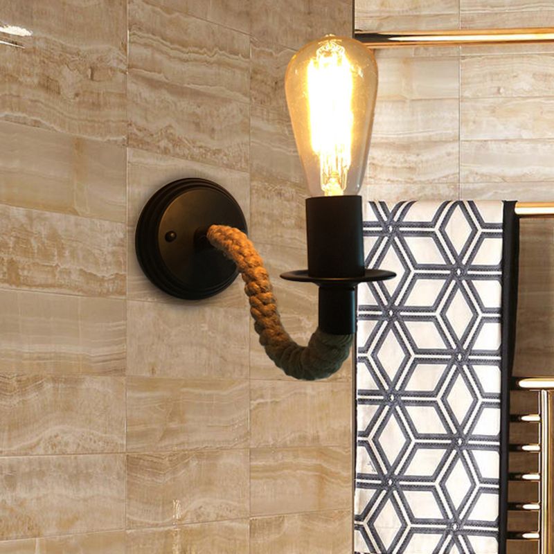 Éclairage d'applications du couloir de bulbe exposé avec une corde industrielle incurvée et un éclairage mural noir à un bras incurvé 1
