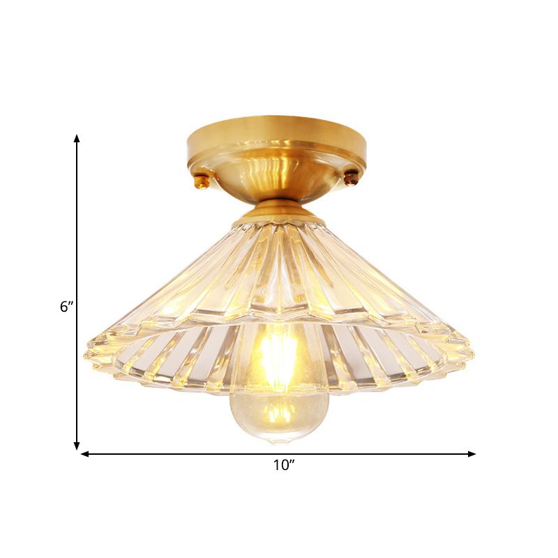 1 Bulb Cone Semi Flush Light Traditionary Ribbed Glass Ceiling Mounted Fixture in Brass for Bedroom