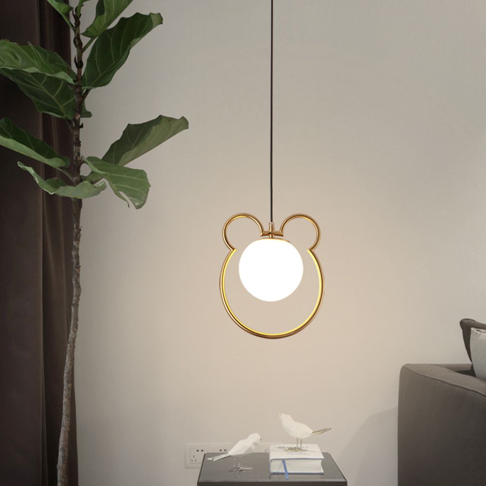 Nordic Minimalism Little Bear Lines Frame Hanging Light with White Glass Ball Shade Mini Pendant Fixtures for Bedside