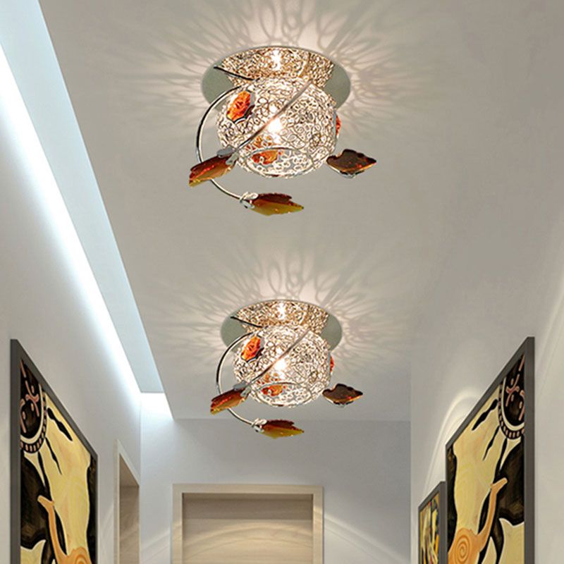 Leaf Corridor Flushmount Light Modernism Faceted Tan Crystal 1 Light Lighting Fixture with Globe Cage Shade