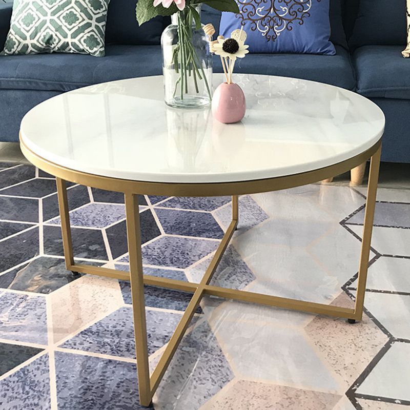Modern Round Slate Coffee Table Cross Legs Cocktail Table in Gold
