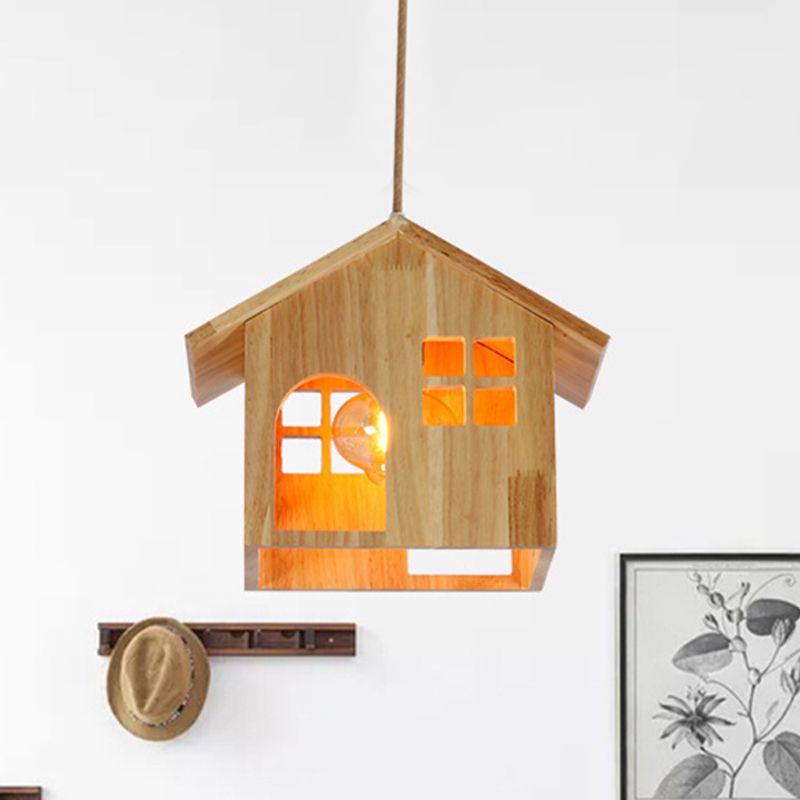 Lámpara colgante en forma de casa de madera moderna luz natural de madera natural con cordón ajustable para el comedor