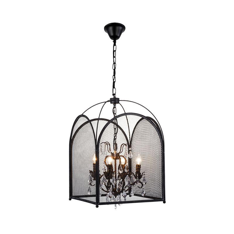 Vintage Candle Hanging Pendant 4 Lights Metal Ceiling Chandelier in Black with Crystal Drop