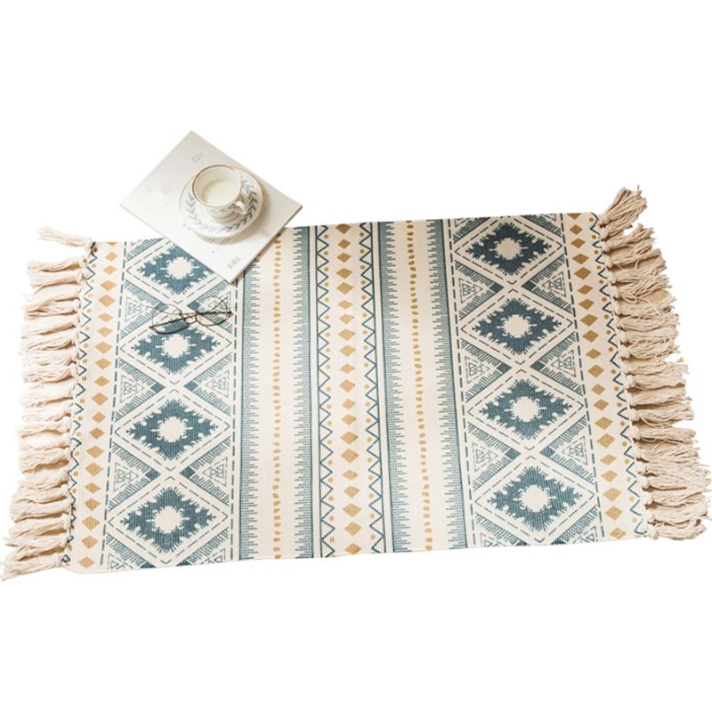 Simplicity Green Boho Rug Cotton Knit Seamless Patterned Rug Pet Friendly Machine Washable Carpet for Dining Room