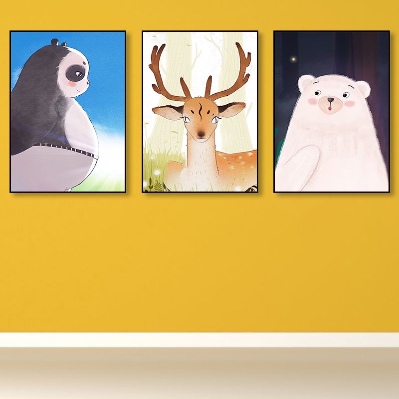 Brown Cartoon Animal Painting Textured Children's Art Living Room Wrapped Canvas, Set of 3