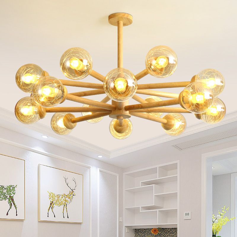 Globe Wood Chandelier Lighting Fixtures Modern Multi-Head Beige Chandelier Lamp with Glass Shade