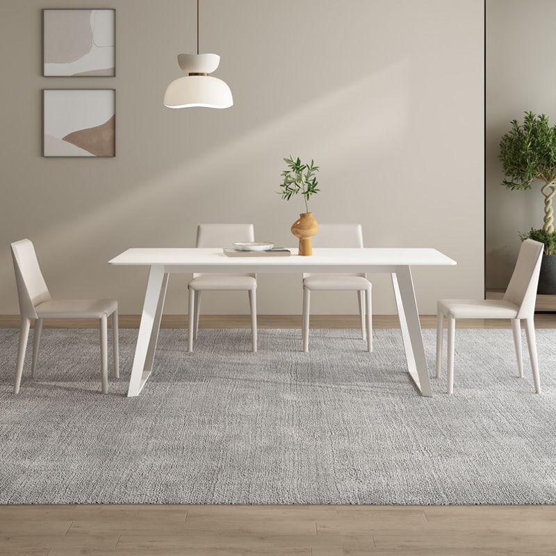 Modern Rectangle Dining Table White Stone Tabletop with Metal Sled Base