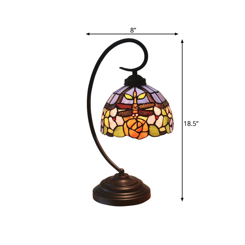 Stained Glass Dome Shade Desk Lamp Tiffany Style 1 Head Beige/Blue Dragonfly Patterned Table Lighting with Swirl Arm