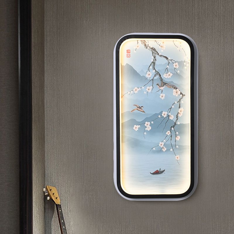 Plum Blossom Living Room Mural Light Fabric Asian Style LED Wall Sconce Lighting in Blue