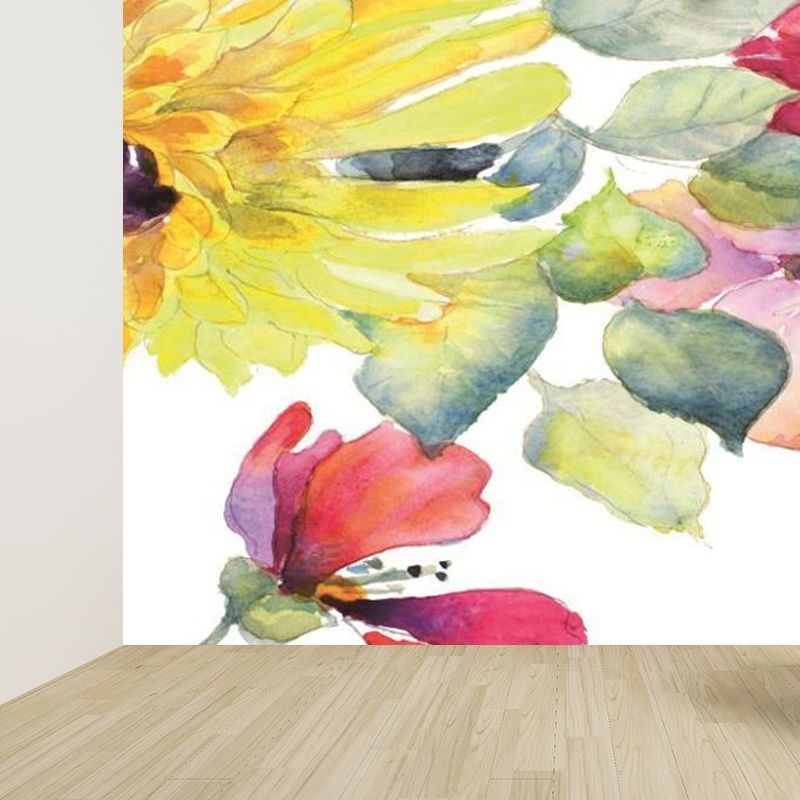 Illustration Scattered Flowers Mural Decal for Living Room, Green, Customized Size