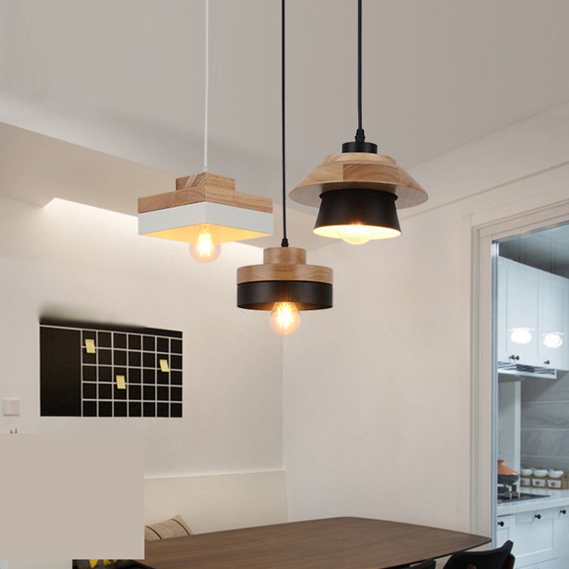 1-Light Nordic Style Minimalism Hanging Light Geometric Shaped Wooden Pendant Lamp for Bedroom