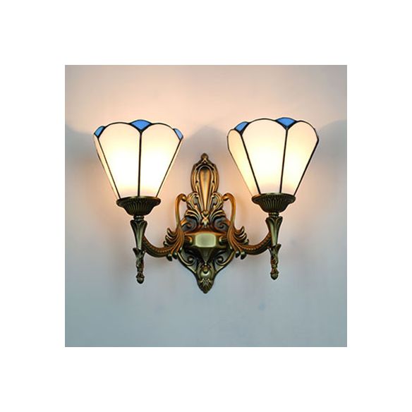 Stained Glass Cone Wall Sconce Light 2 Lights Vintage Loft Wall Mount Light in White/Blue for Bedroom