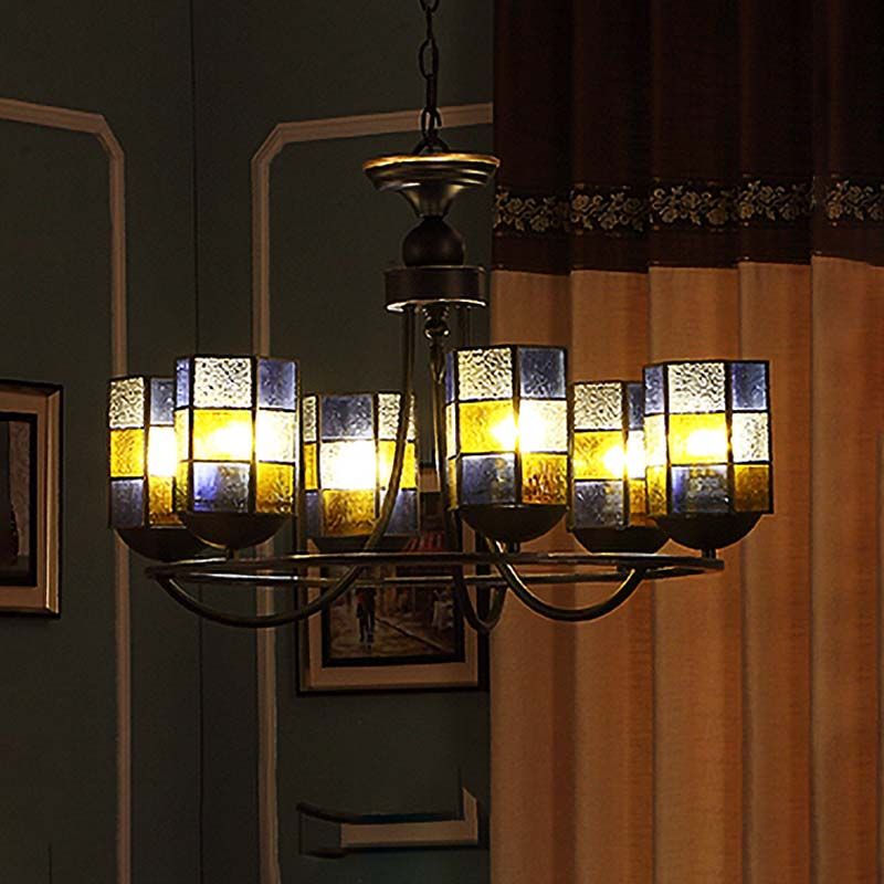 Verre en verre bleu lustre luminaire Cylindre 4/6/8 Lumières Éclairage pendentif méditerranéen pour salle à manger