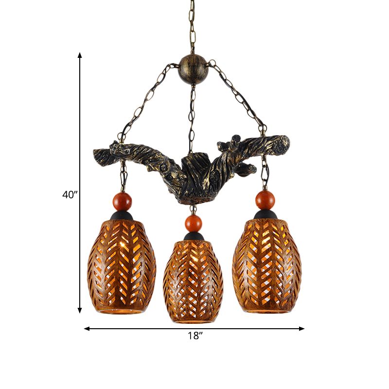 3 Heads Chandelier Lamp Countryside Elongated Dome Wood Pendant Light Fixture in Brown with Resin Branch Beam