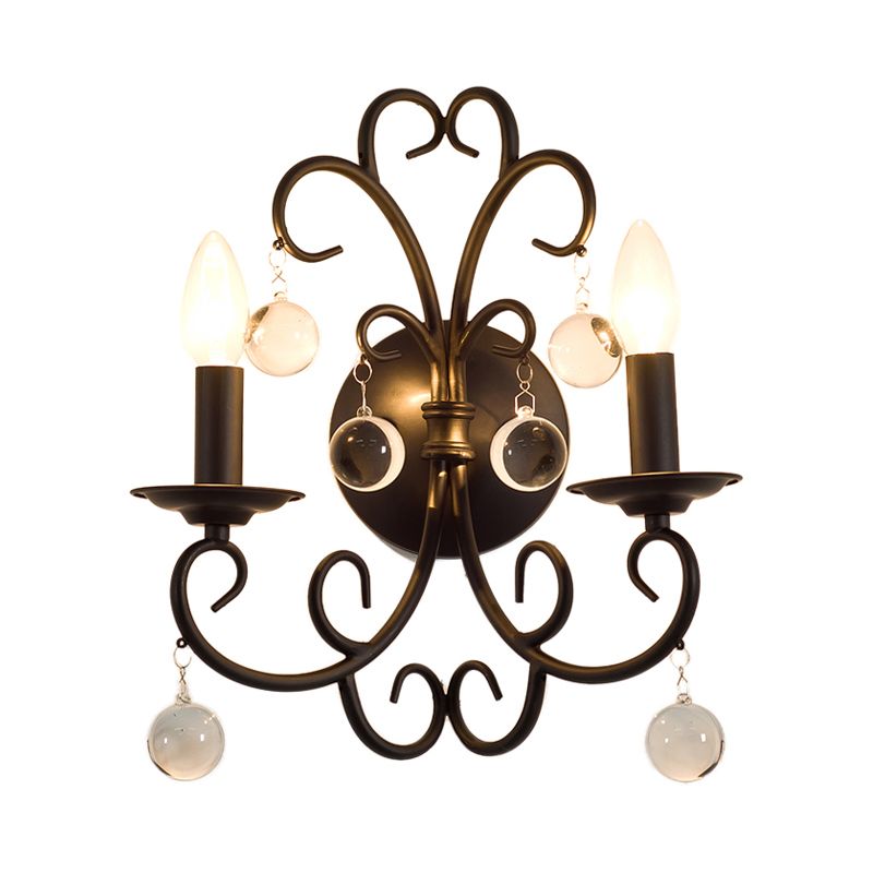 Metal Black Sconce Light Fixture Candle 2-Light Rustic Wall Mounted Lighting for Dining Room with Clear Crystal Ball