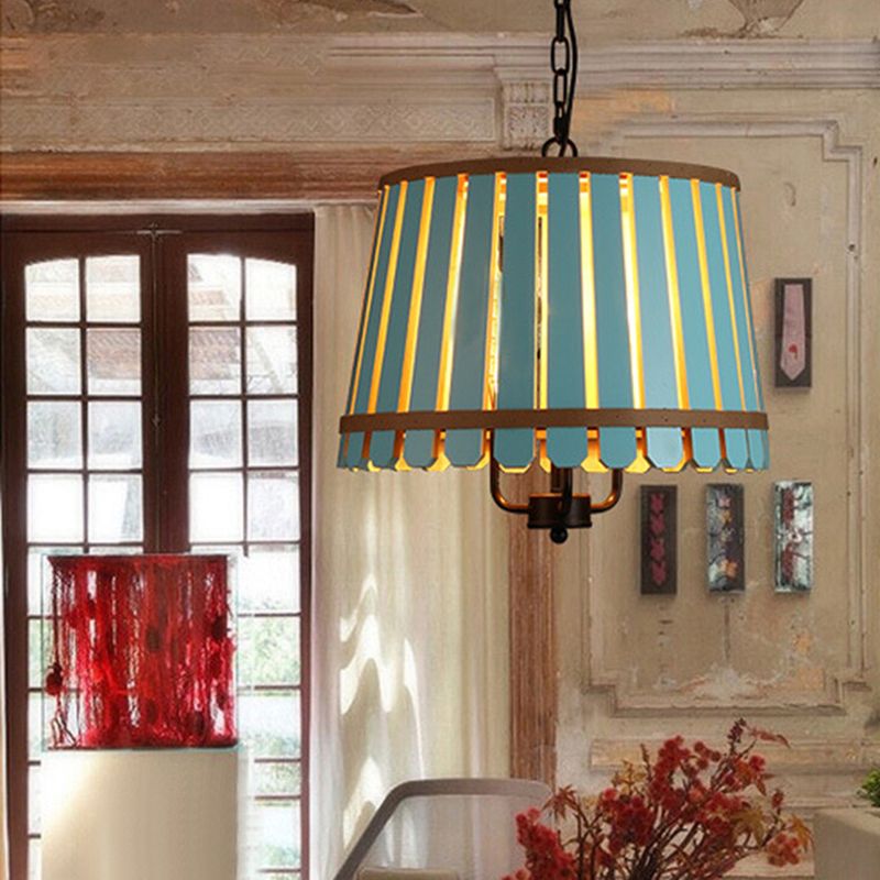 12.5"/16.5" Wide Slatted Chandelier Light Fixture Modern Wooden 3 Lights Blue/Green/Wood Hanging Pendant for Dining Room