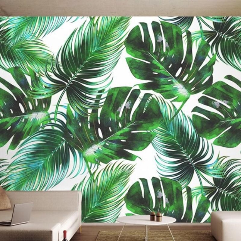 Banana Leaf Mural Wallpaper for Thai Restaurant, Tropical Wall Decor in Dark Green