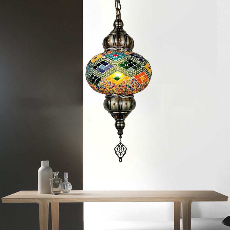 1 Head Cut Glass Ceiling Pendant Light Traditional Beige/Yellow/Blue Oval Dining Room Hanging Light Fixture