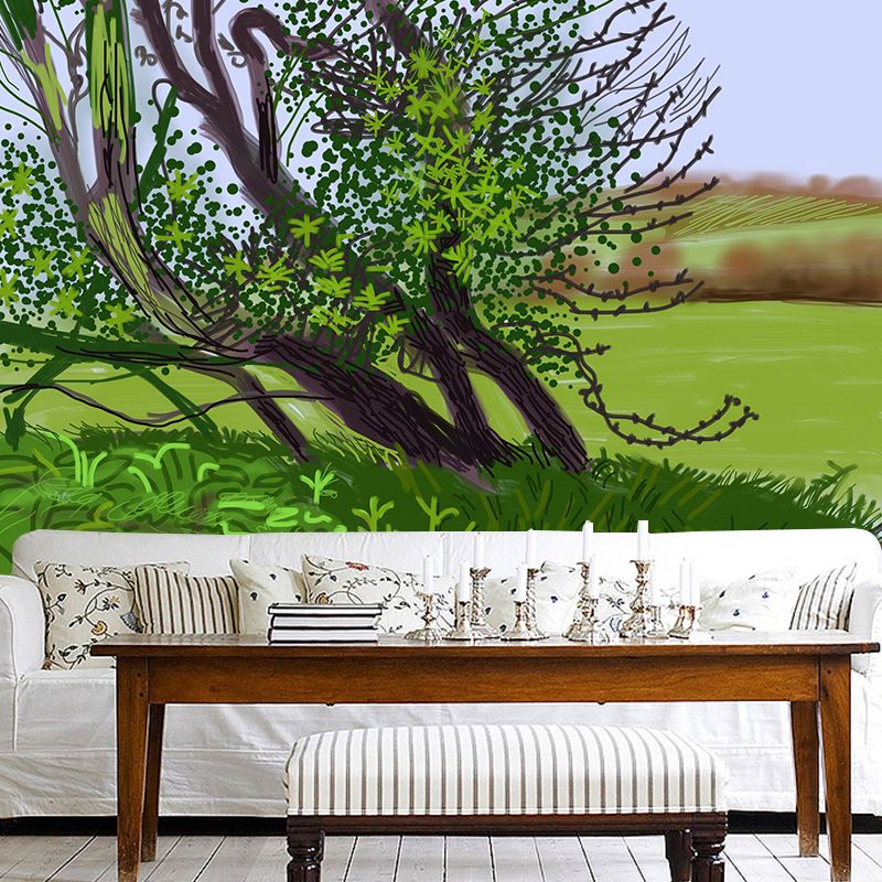 Leaning Tree Art Wall Murals Contemporary Non-Woven Wall Decor in Green for Home