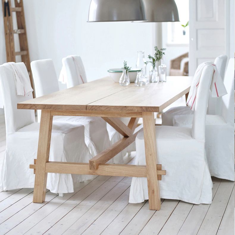 Simple Solid Wood Rectangle Shape Dining Table Khaki Standard Dining Table with Trestle Base