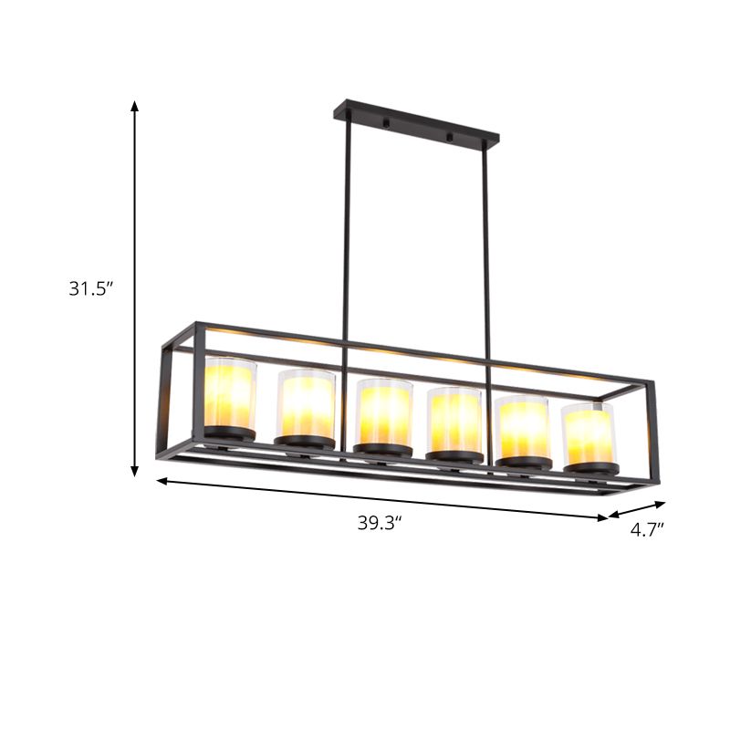 Cylinder Dining Room Pendant Light Vintage Glass 3/5/6 Lights Island Lighting with Black Frame