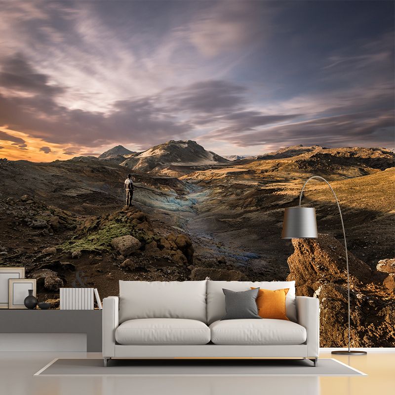 Large Scenery Wall Mural Modern Stunning Man by the Dried River Wall Decor in Brown